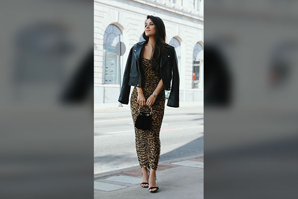 8.Leopard Print Dress With a Black Leather Jacket