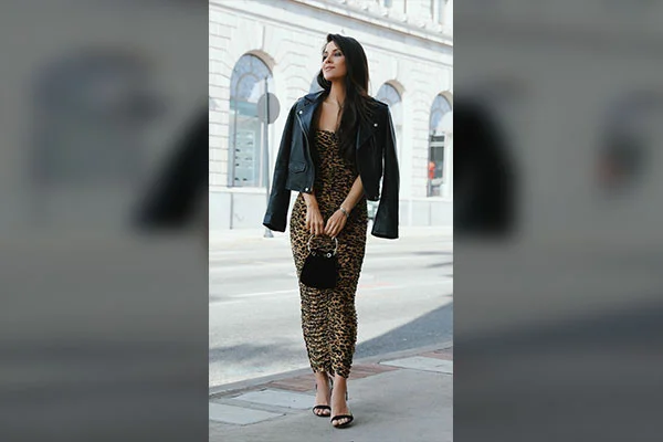 8.Leopard Print Dress With a Black Leather Jacket