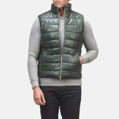 Reeves Green Leather Puffer Vest
