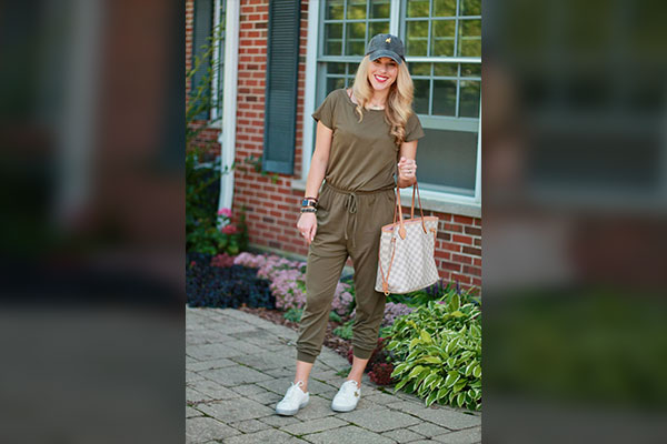 Olive Green Jumpsuit with Tennis Shoes