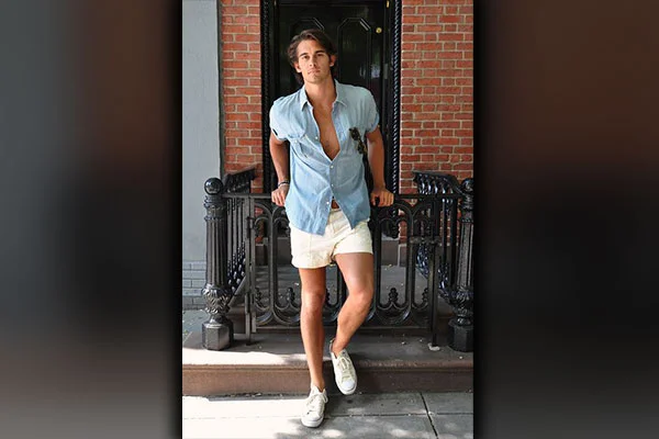 Light Blue Denim Shirt with Olive Shorts Outfits For Men (3 ideas &  outfits) | Lookastic
