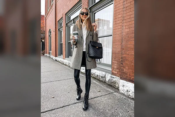 Plaid Coat with Leather Leggings