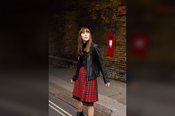 Plaid Skirt with long Leather Jacket