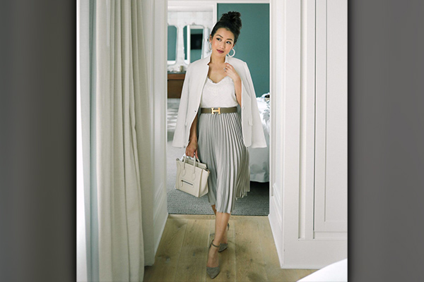 Pleated Skirt with White Blazer