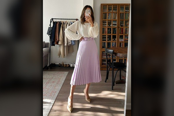 Purple Pleated Skirt with White Blouse