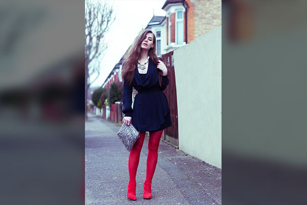 Red Legging with Navy blue Dress