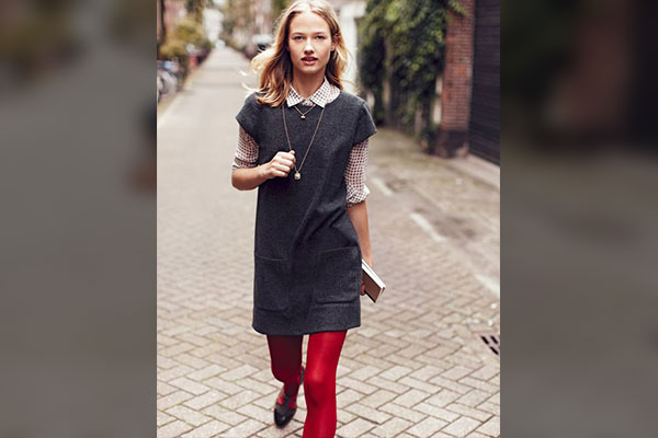 Red Leggings with Grey Dress or Grey Shirt