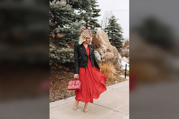 2. Red Tie Waist Dress With a Cropped Moto Jacket