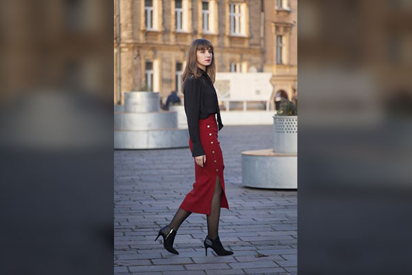 White Full-sleeved Top with Red Pencil Skirt