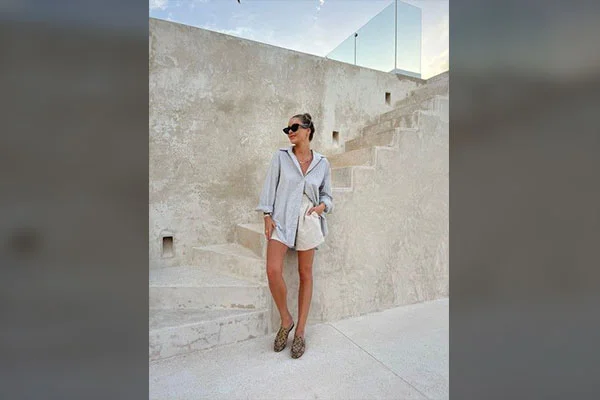 White Linen Shirt + Printed Shorts + Penny Loafers