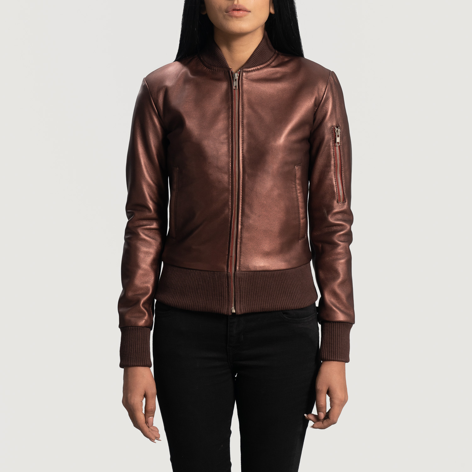 A Metallic Maroon Leather Bomber Jacket By The Jacket Maker