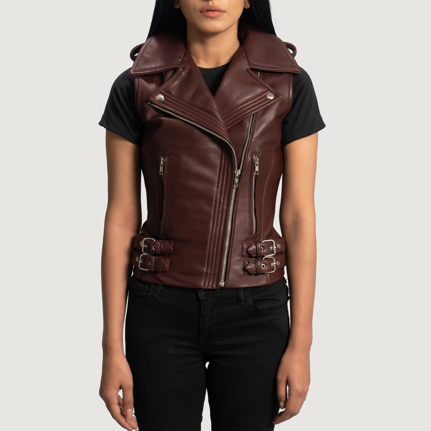 Rhonda Maroon Leather Biker Vest

