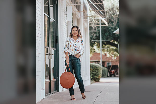 Wooden Tote + Floral Blouse + Ankle Cut Jeans 