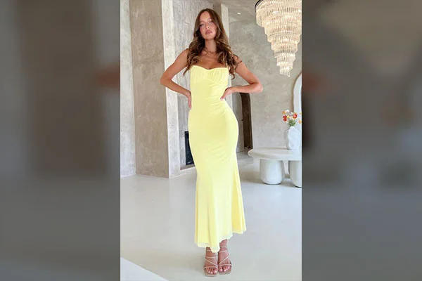 Yellow dress deals and nude shoes