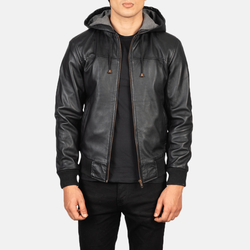 Nintenzo Black Hooded Best Leather Bomber Jacket