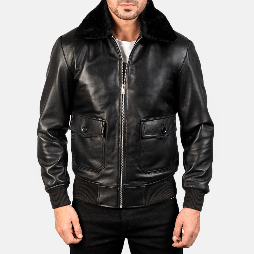 Full-Grain Airin G-1 Black Leather Bomber Jacket