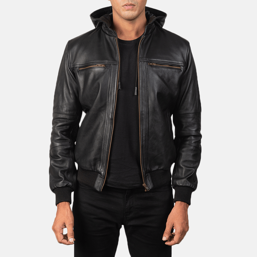 Full-Grain Bouncer Biz Black Leather Bomber Jacket