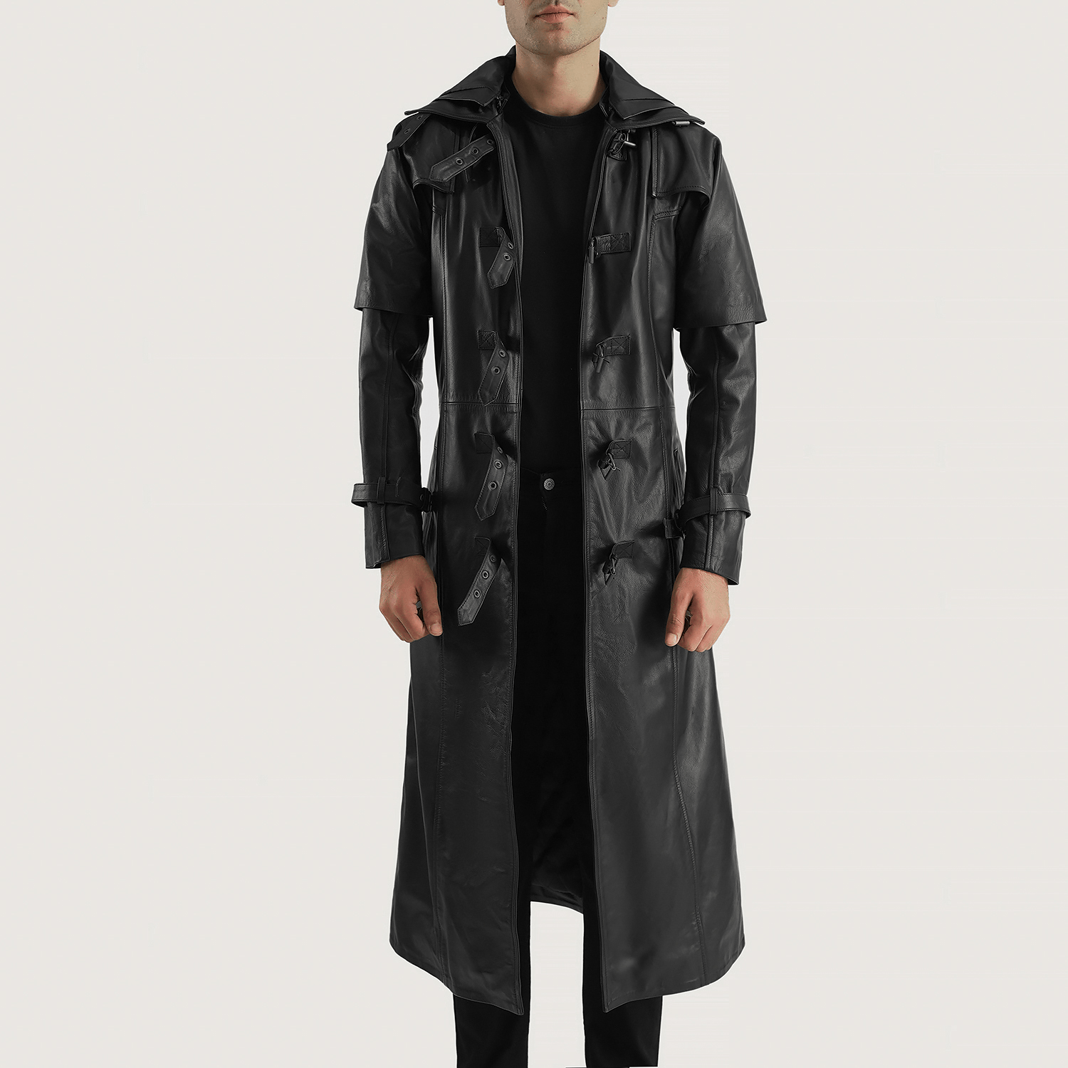 Full-Grain Black Hooded Leather Trench Coat