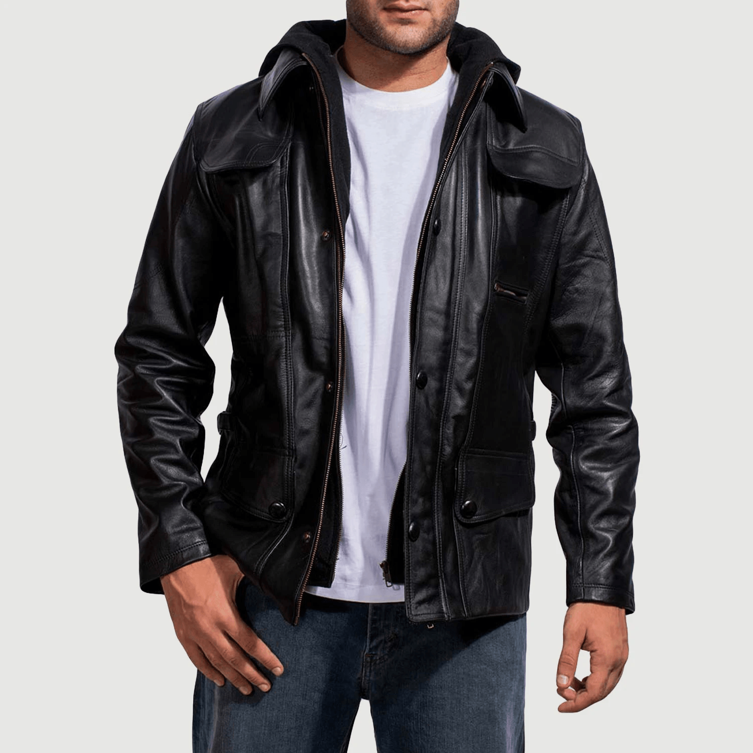 Full-Grain Moulder Hooded Black Leather Jacket