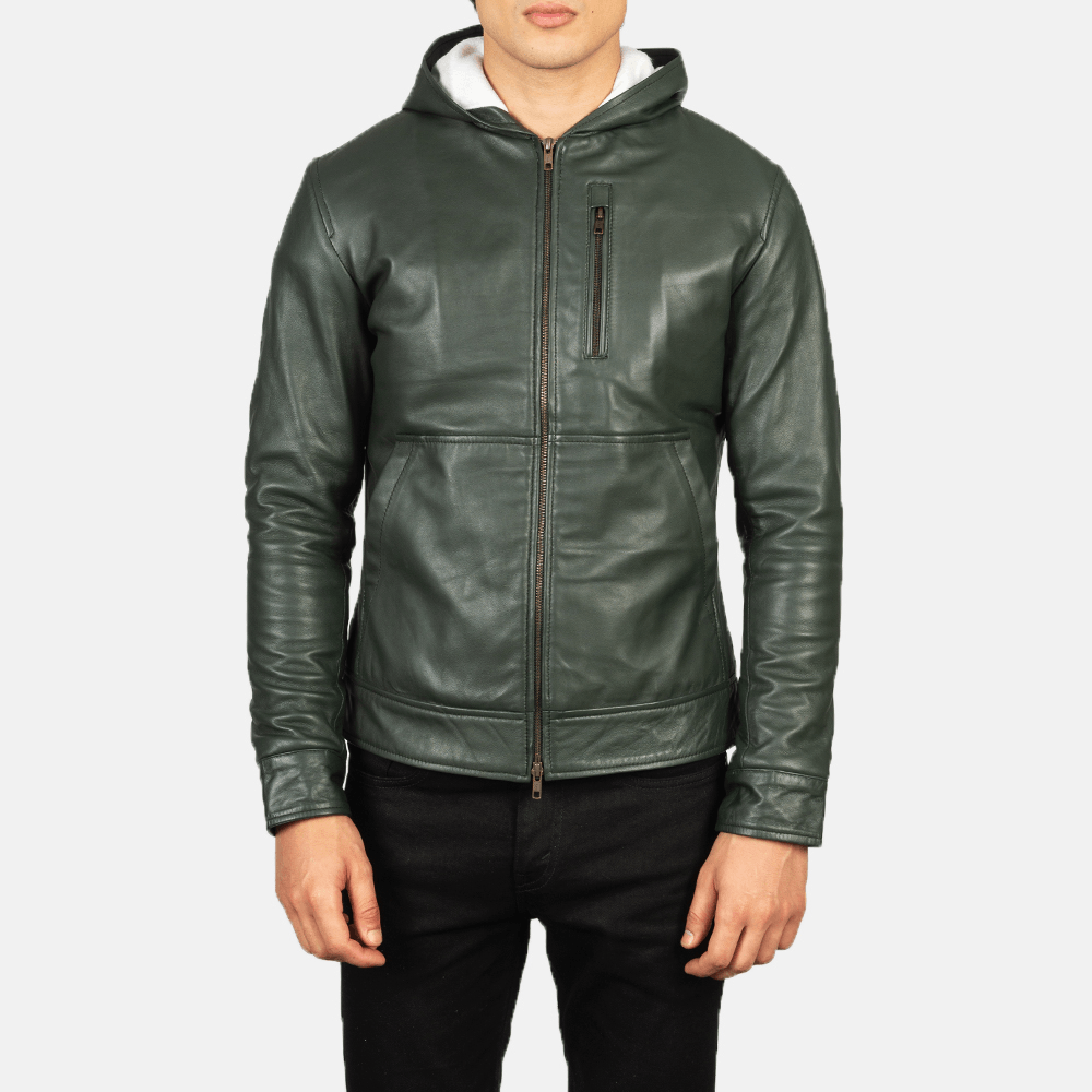 Full-Grain Baston Green Hooded Leather Bomber Jacket