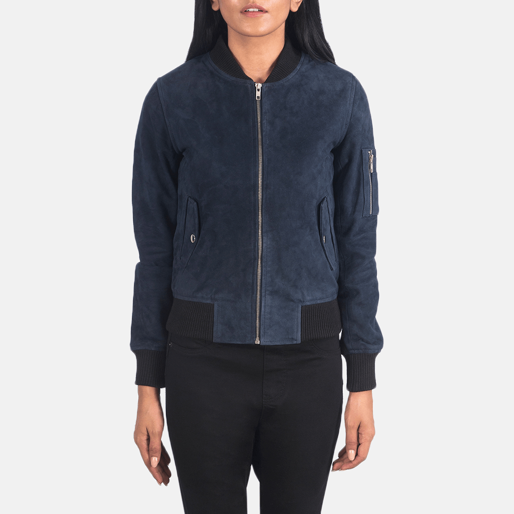 Best Ava MA-1 Blue Suede Bomber Jacket