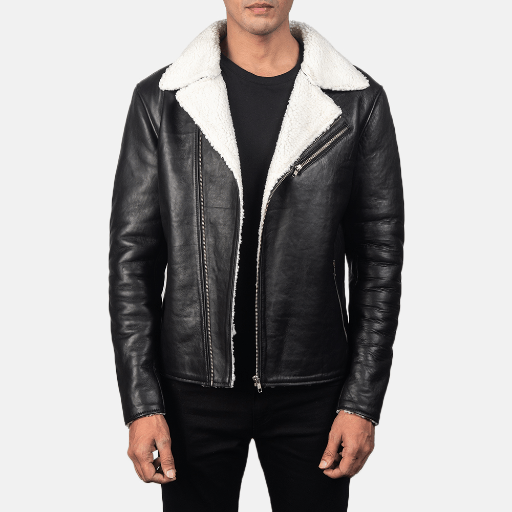 The Winter Boss—Alberto's Premium White Shearling Black Leather Motorcycle Jacket