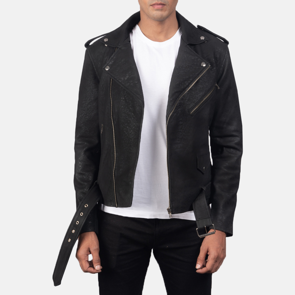 Furton Distressed Black Leather Biker Jacket