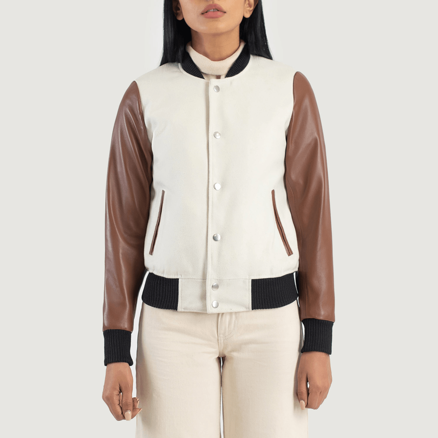 Savant White Brown Hybrid Varsity Jacket