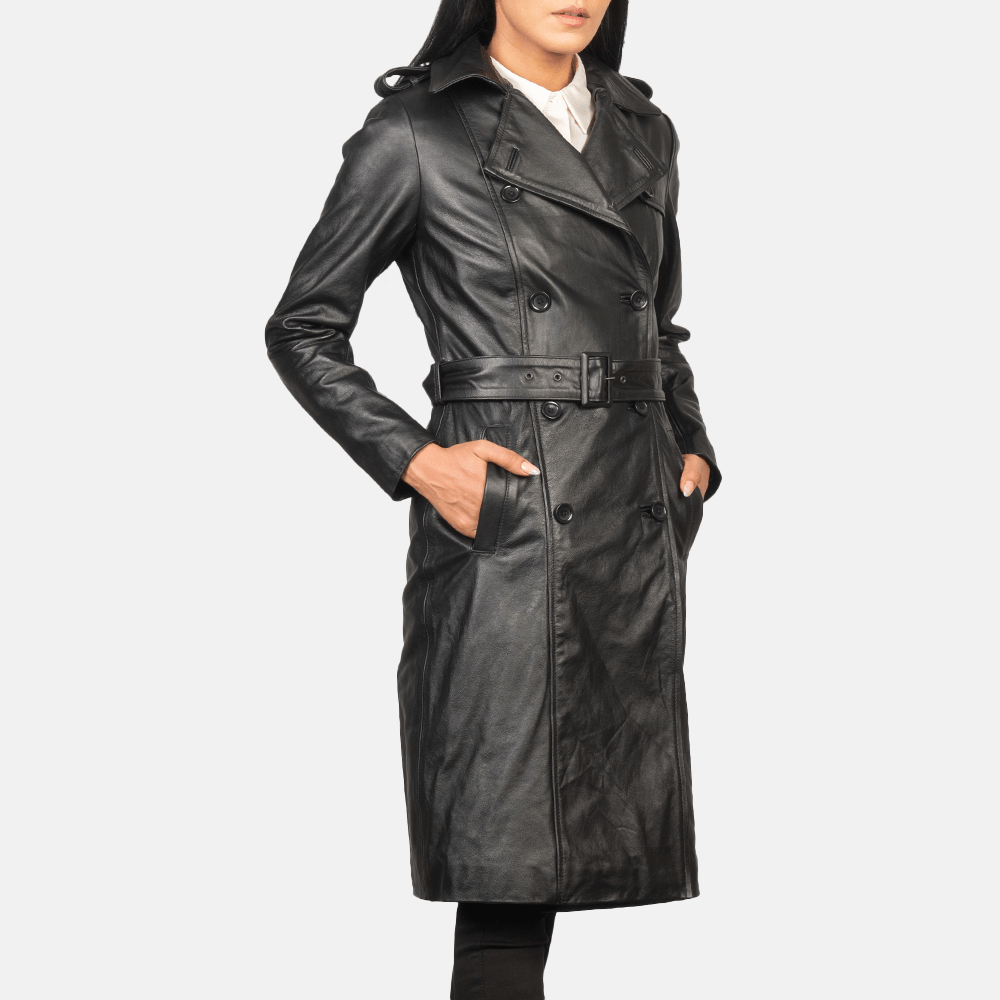 Alice Black Double-Breasted Leather Coat