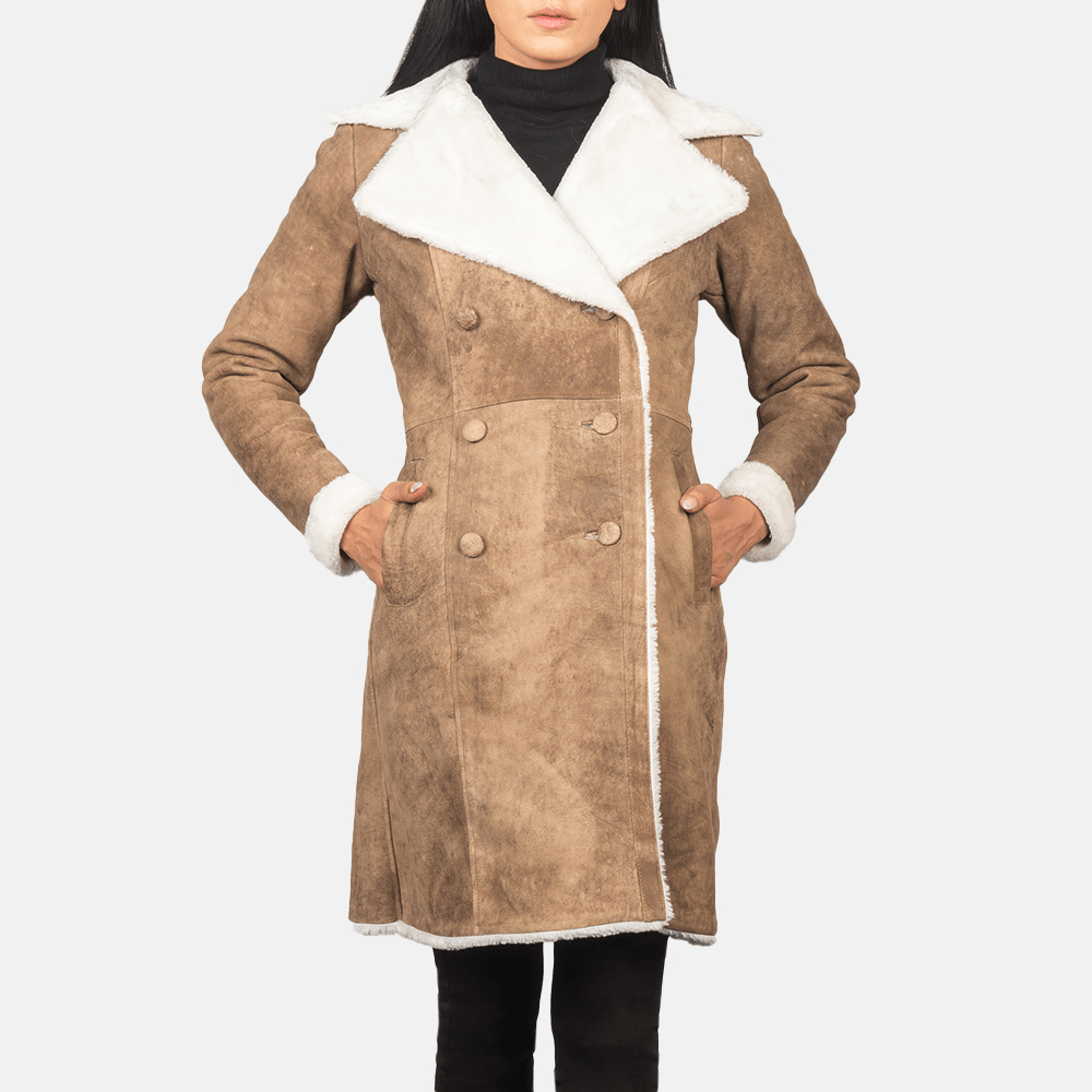 Amie Distressed Brown Double-Breasted Shearling Coat