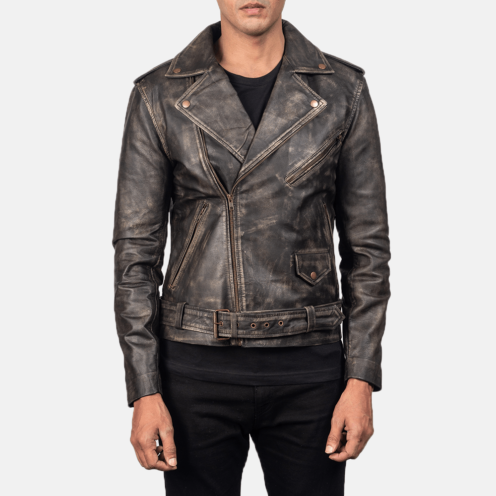 Full-Grain Allaric Alley Distressed Brown Leather Biker Jacket