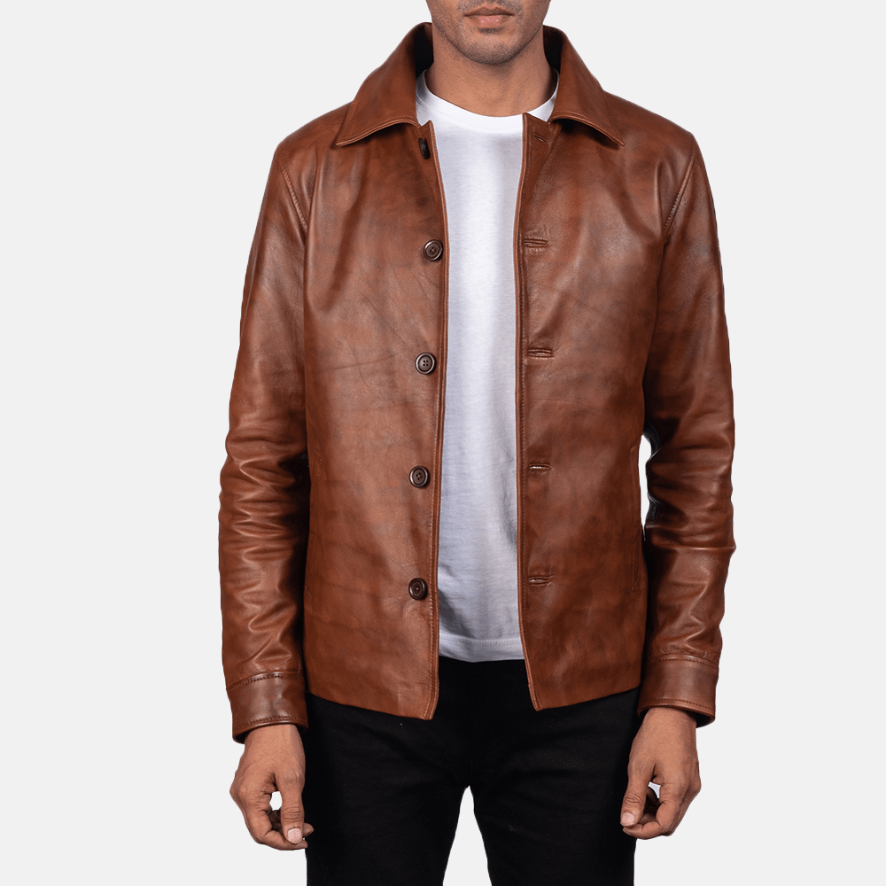 Full-Grain Waffle Brown Leather Jacket